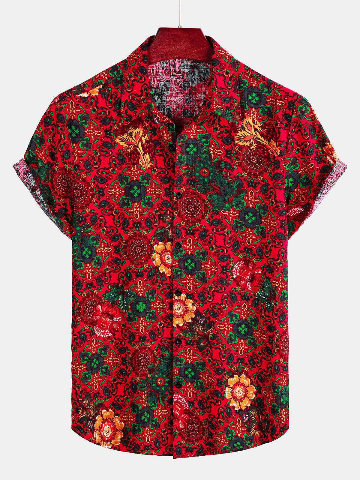 Mens Vintage Floral Print Hawaiian Cotton Short Sleeve Shirt