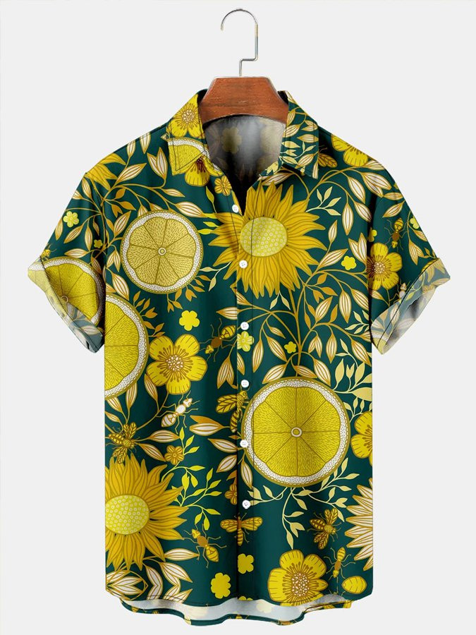 Mens Hawaiian Shirt Floral Plant Lemon Print Short Sleeve Shirt For Couples