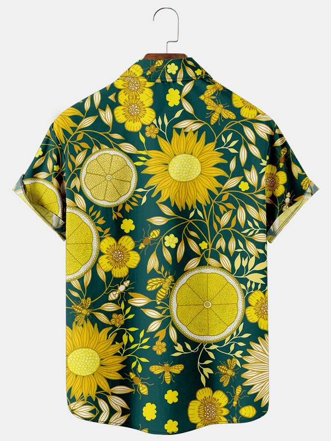 Mens Hawaiian Shirt Floral Plant Lemon Print Short Sleeve Shirt For Couples