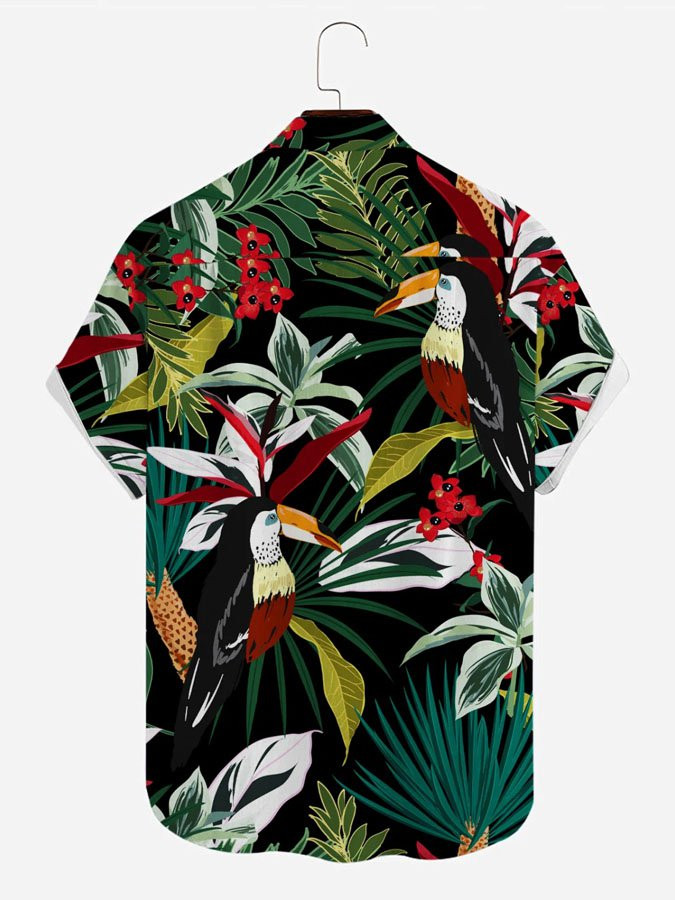 Mens Hawaiian Shirt Tropical Parrot Print Round Hem Loose Short Sleeve Shirt