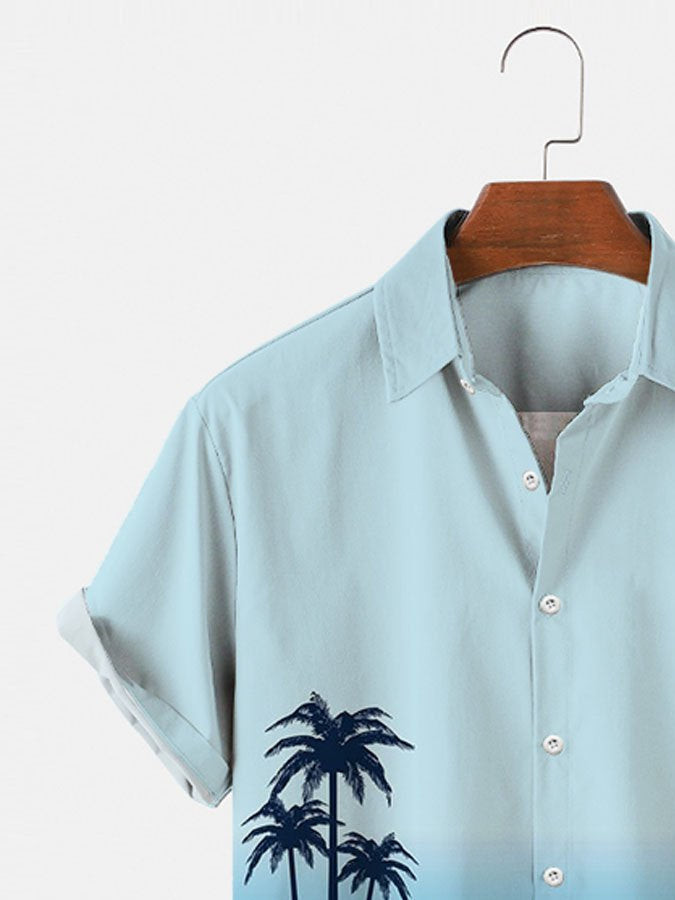 Mens Hawaiian Shirt Casual Short Sleeve Blue Cotton-Blend Holiday  Natural Landscape Shirts  Tops