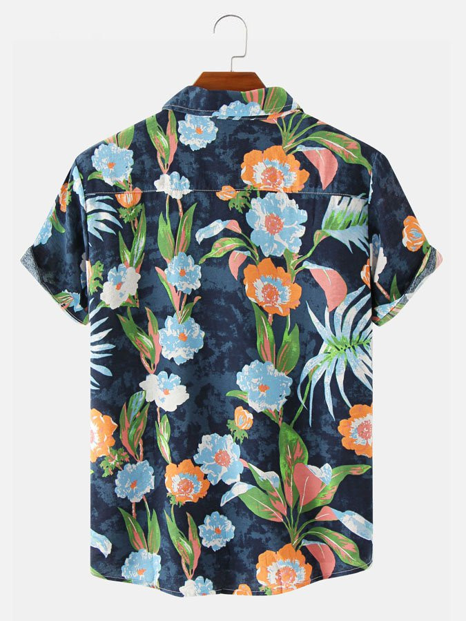 Mens Contrast Floral Pattern Breathable Cotton Blend Short Sleeve Hawaiian Shirt