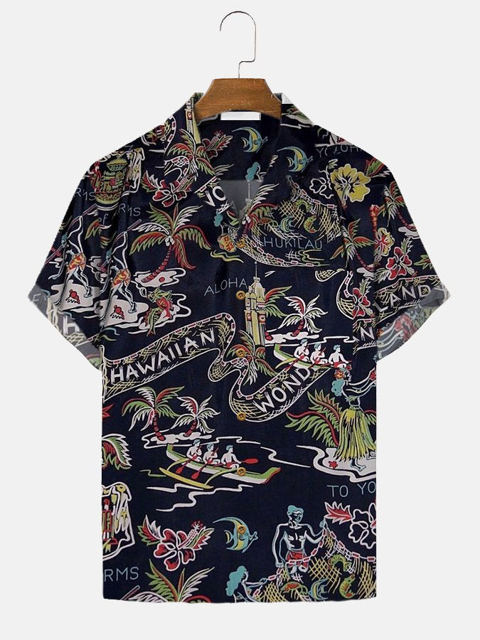 Navyblue Printed Leaf Holiday  Mens Hawaiian Shirt Casual  Aloha Beach Shirts