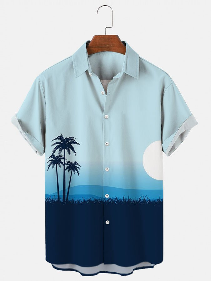 Mens Hawaiian Shirt Casual Short Sleeve Blue Cotton-Blend Holiday  Natural Landscape Shirts  Tops