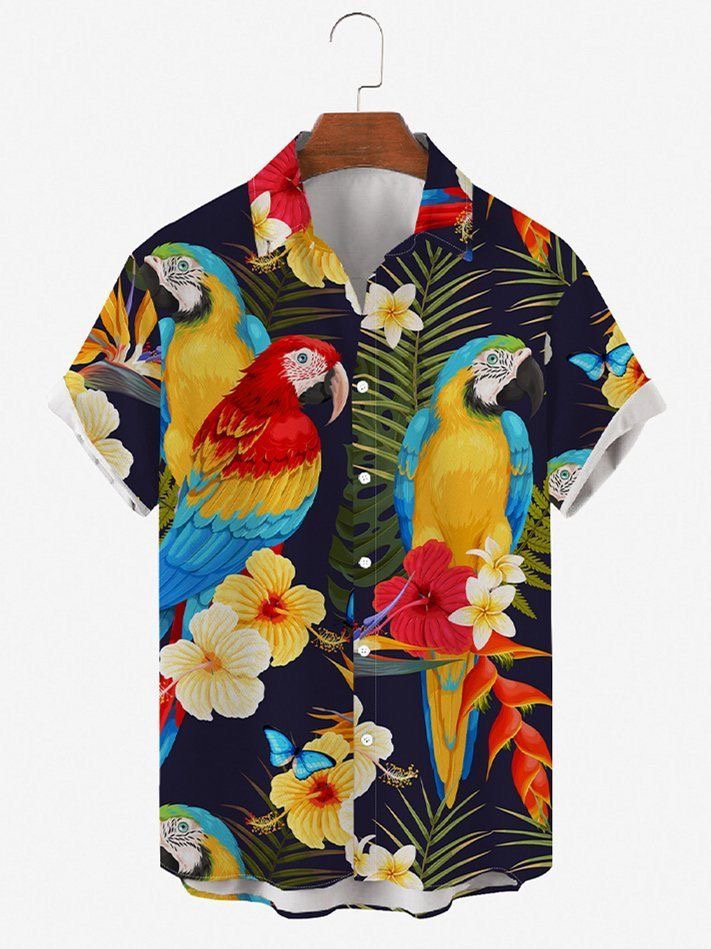 Mens Hawaiian Shirt Parrot Short Sleeve Black Vintage Animal Cotton-Blend Shirts  Tops