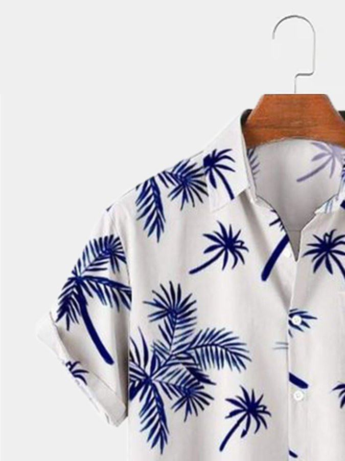 Blue Cotton-Blend Holiday Series Plant Printed Shirts  Tops Hawaiian Shirt for Men Women