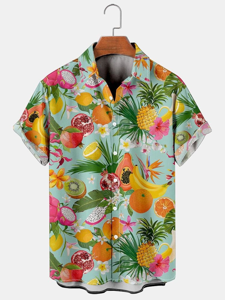 Mens Hawaiian Shirt Casual Short Sleeve Green Beach Fruits Cotton-Blend Shirts  Tops