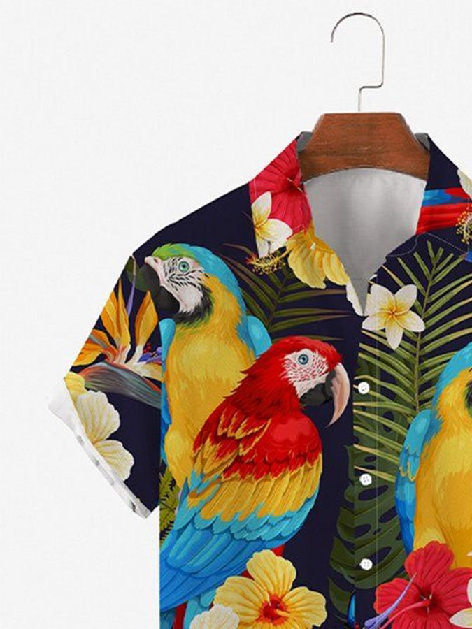 Mens Hawaiian Shirt Parrot Short Sleeve Black Vintage Animal Cotton-Blend Shirts  Tops