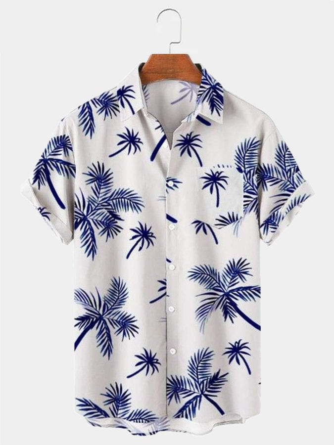 Blue Cotton-Blend Holiday Series Plant Printed Shirts  Tops Hawaiian Shirt for Men Women