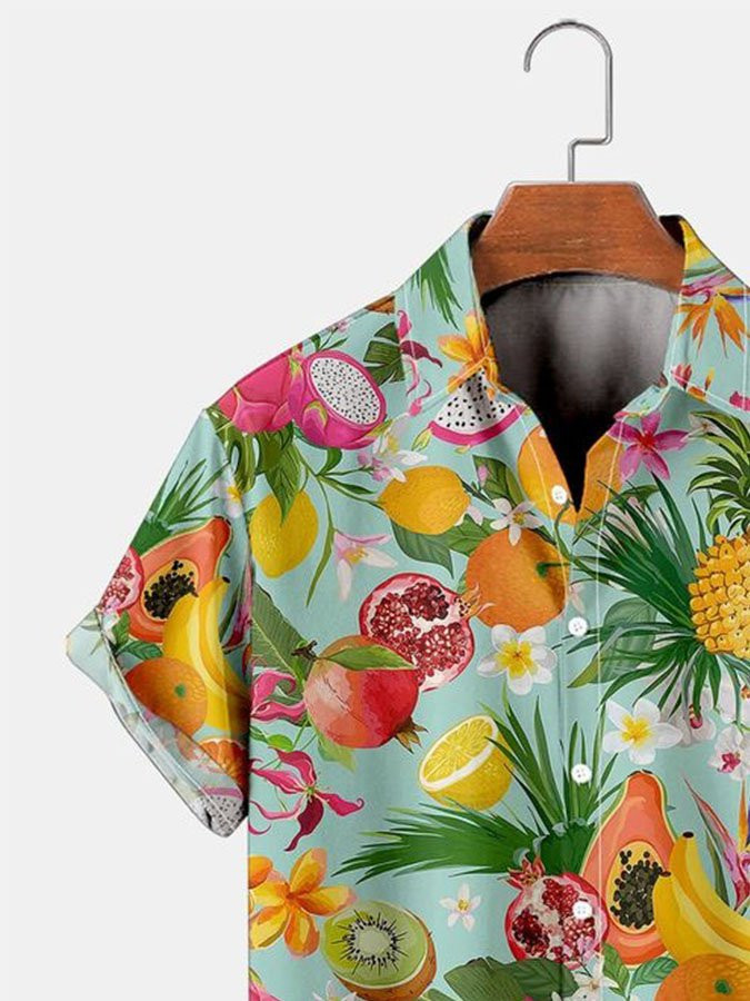 Mens Hawaiian Shirt Casual Short Sleeve Green Beach Fruits Cotton-Blend Shirts  Tops