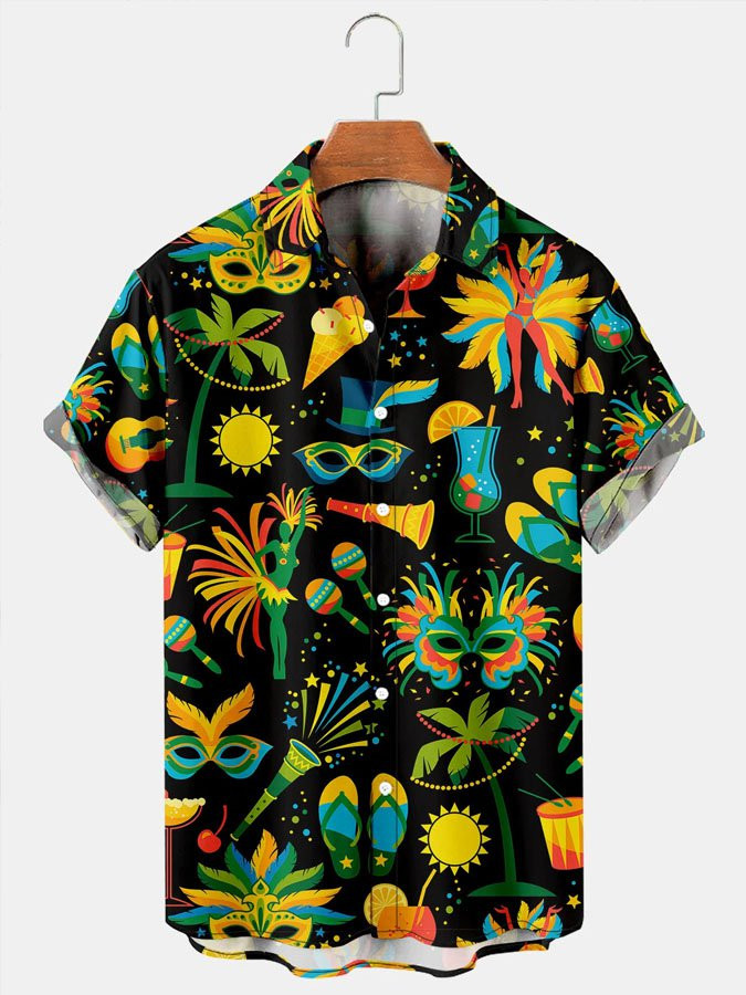 Mens Vintage Shirts Mardi Gras Graphic Casual Breathable Short Sleeve Hawaiian Shirt