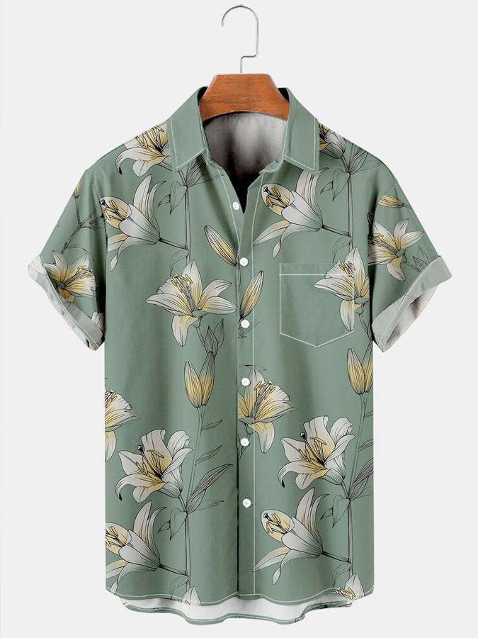 Mens Vintage Floral Print Casual Breathable Chest Pocket Short Sleeve Hawaiian Shirts