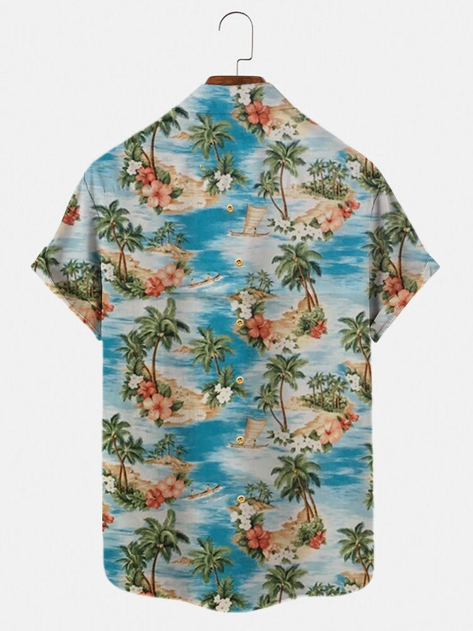 Mens Vintage Beach Palms Print Hawaiian Shirt