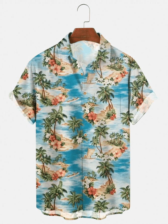 Mens Vintage Beach Palms Print Hawaiian Shirt