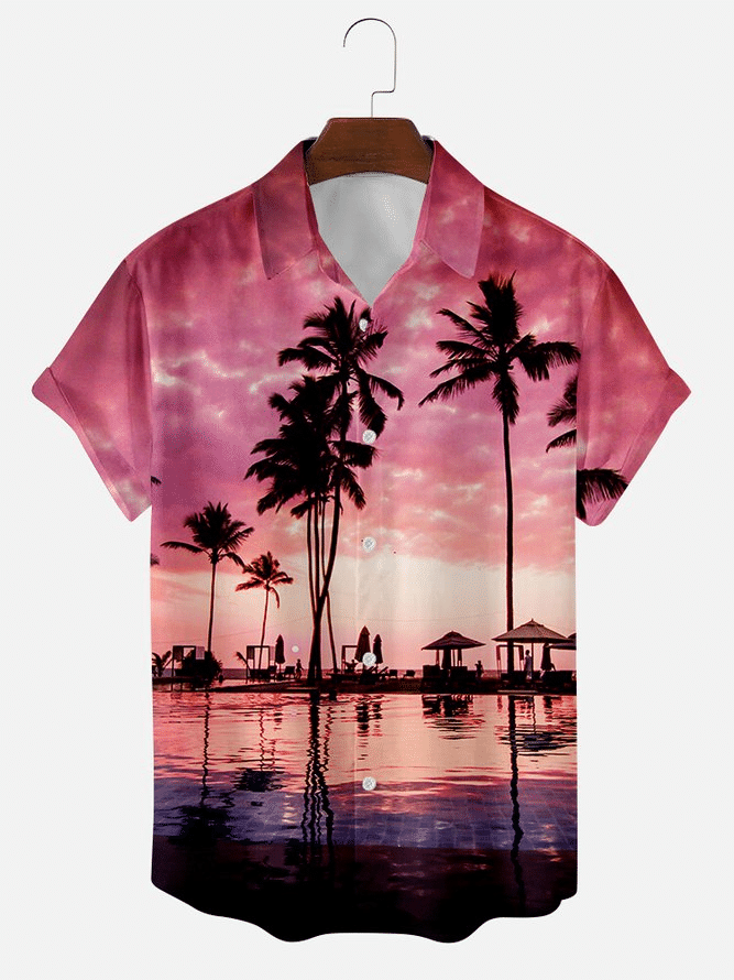 Mens Vintage Hawaiian Shirt Casual Resort Beach Coconut Tree Print Pink Cotton Blend Shirt