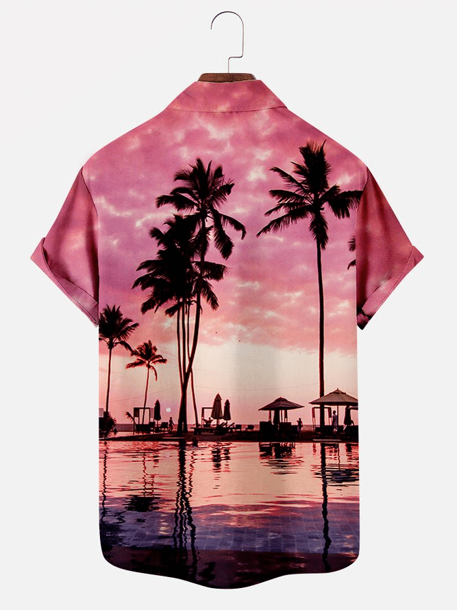 Mens Vintage Hawaiian Shirt Casual Resort Beach Coconut Tree Print Pink Cotton Blend Shirt