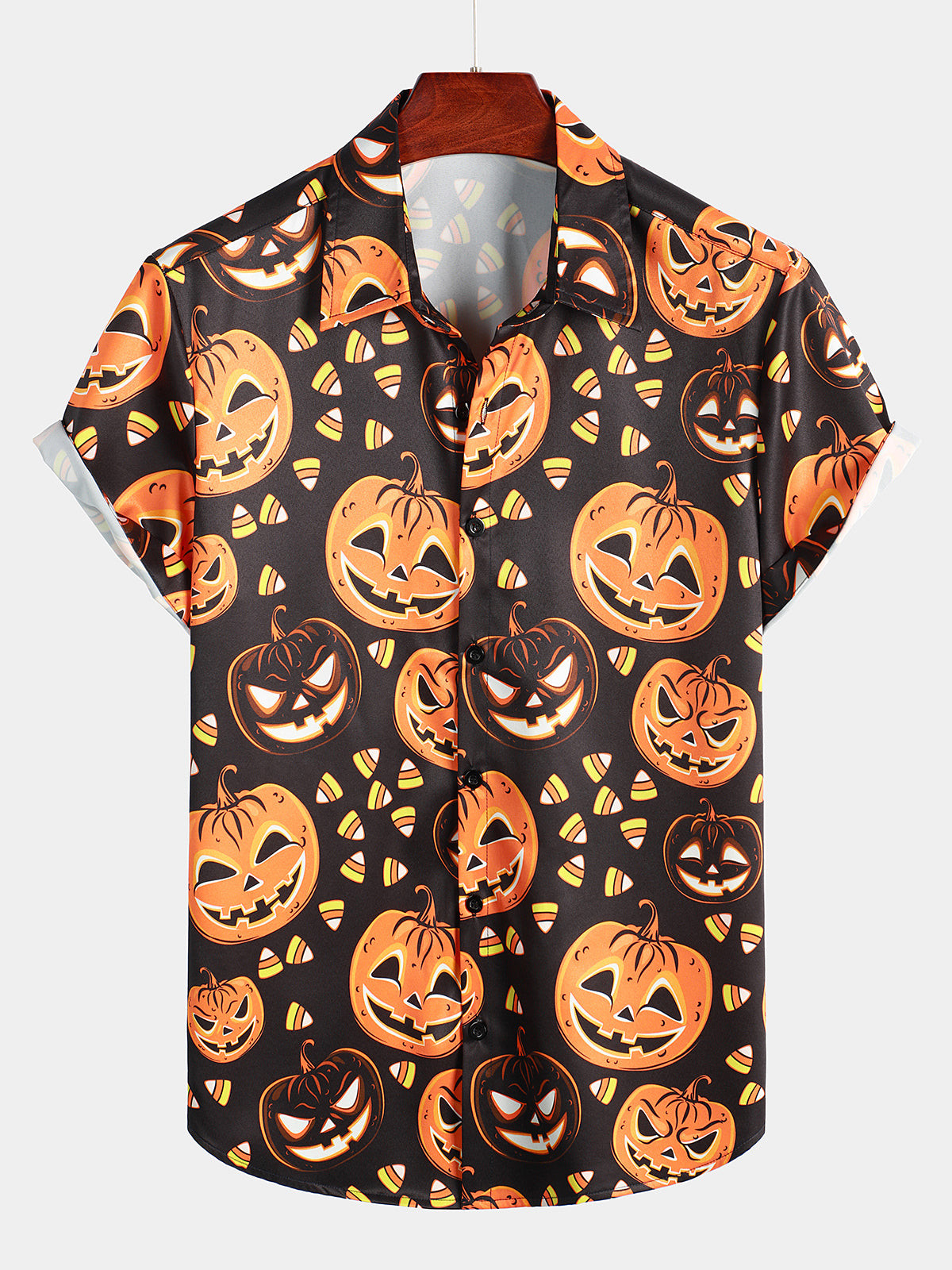 Mens Casual Pumpkin Print Halloween Button Short Sleeve Shirt Hawaiian Shirt for Men Women