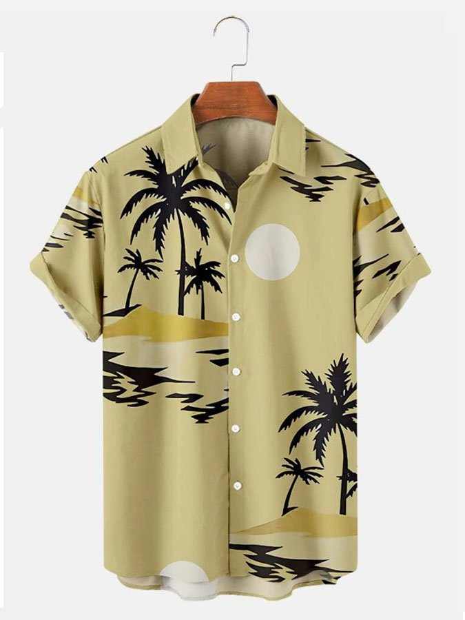 Mens Hawaiian Shirt Coconut Tree Print Summer Casual Loose Short Sleeve Shirt