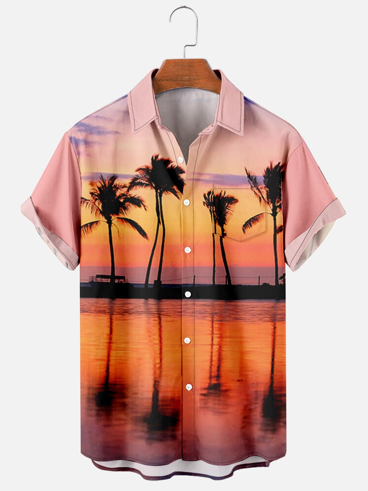 Mens Coconut Tree Print Casual Breathable Chest Pocket Short Sleeve Hawaiian Shirts