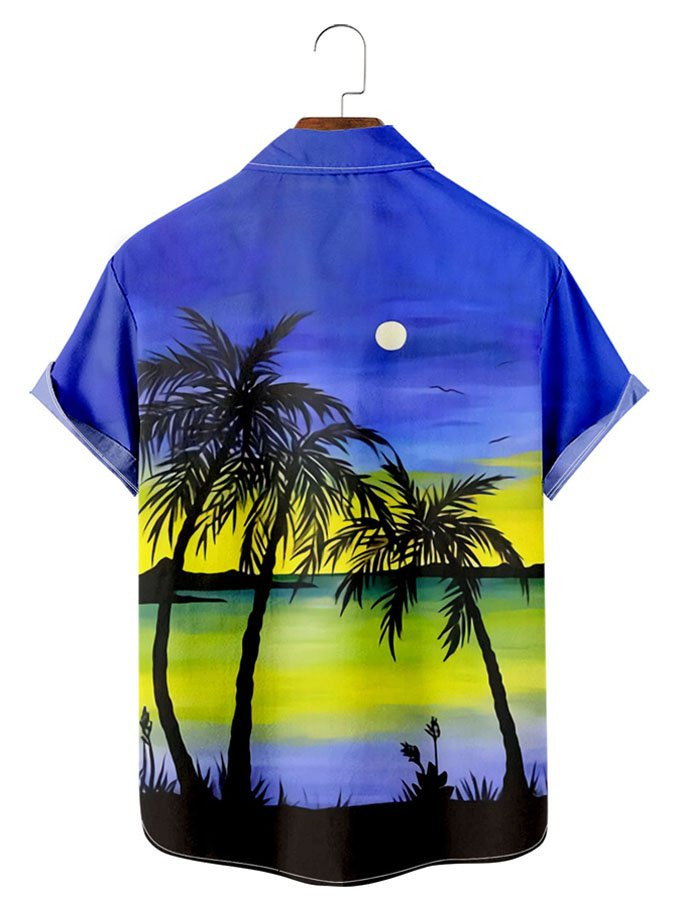 Mens Casual Palm Print Contrast Cotton Blend Short Sleeve Hawaiian Shirt