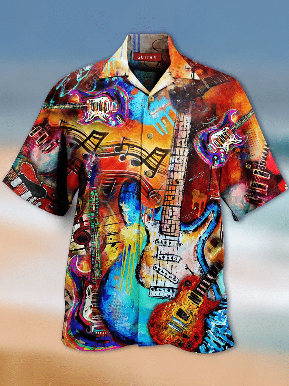 Mens Vintage Hawaiian Music Guiter Prined Shirt Party Aloha Beach Shirt  Top