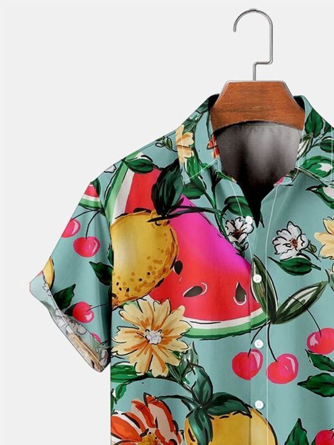 Mens Hawaiian Shirt Casual Short Sleeve Green Plant Cotton-Blend Casual Shirts  Tops