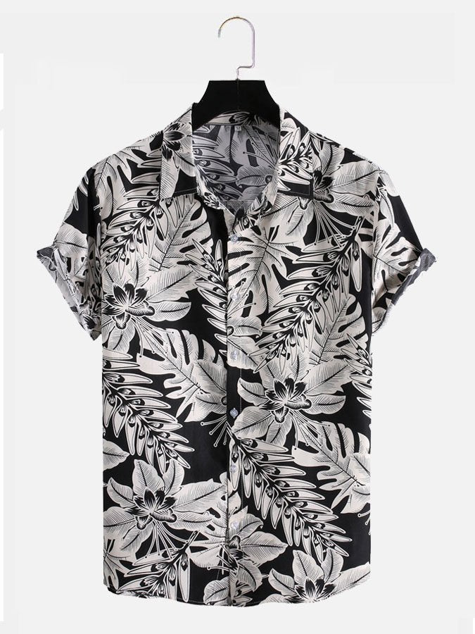 Mens Casual Vintage Tropical Floral Print Lapel Casual Short Sleeve Hawaiian Shirt