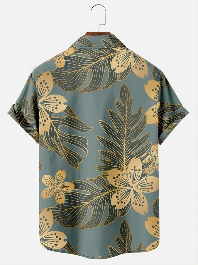 Mens Casual Monstera Plant Print Hawaiian Short Sleeve Shirt