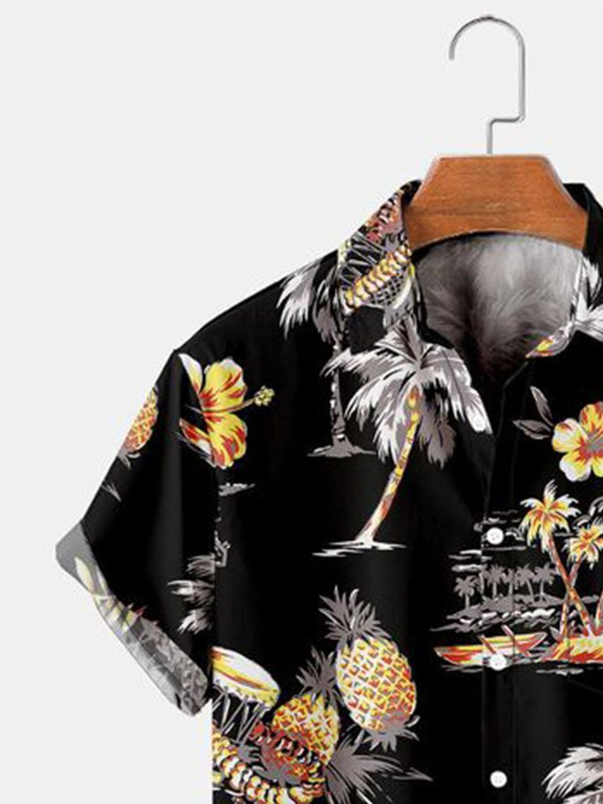 Mens Hawaiian Shirt Casual Black Cotton-Blend Natural Landscape Holiday Aloha Shirts