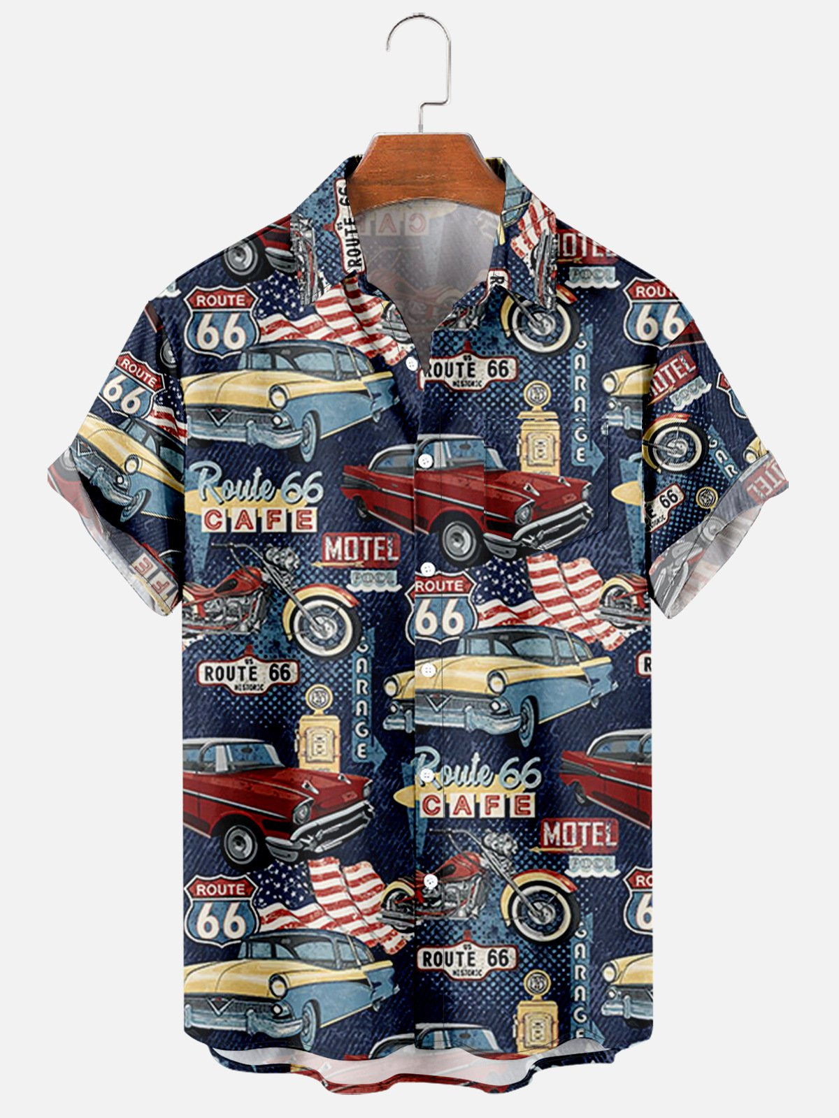 Vintage Car Route 66 Print Mens Authentic Hawaiian Shirt With Travel Trailers