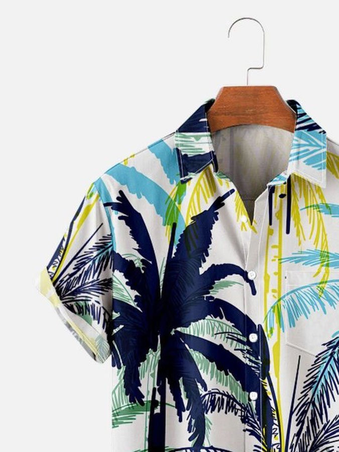 Mens Hawaiian Shirt Casual Short Sleeve Blue Palm Tree Casual Cotton-Blend Shirts  Tops