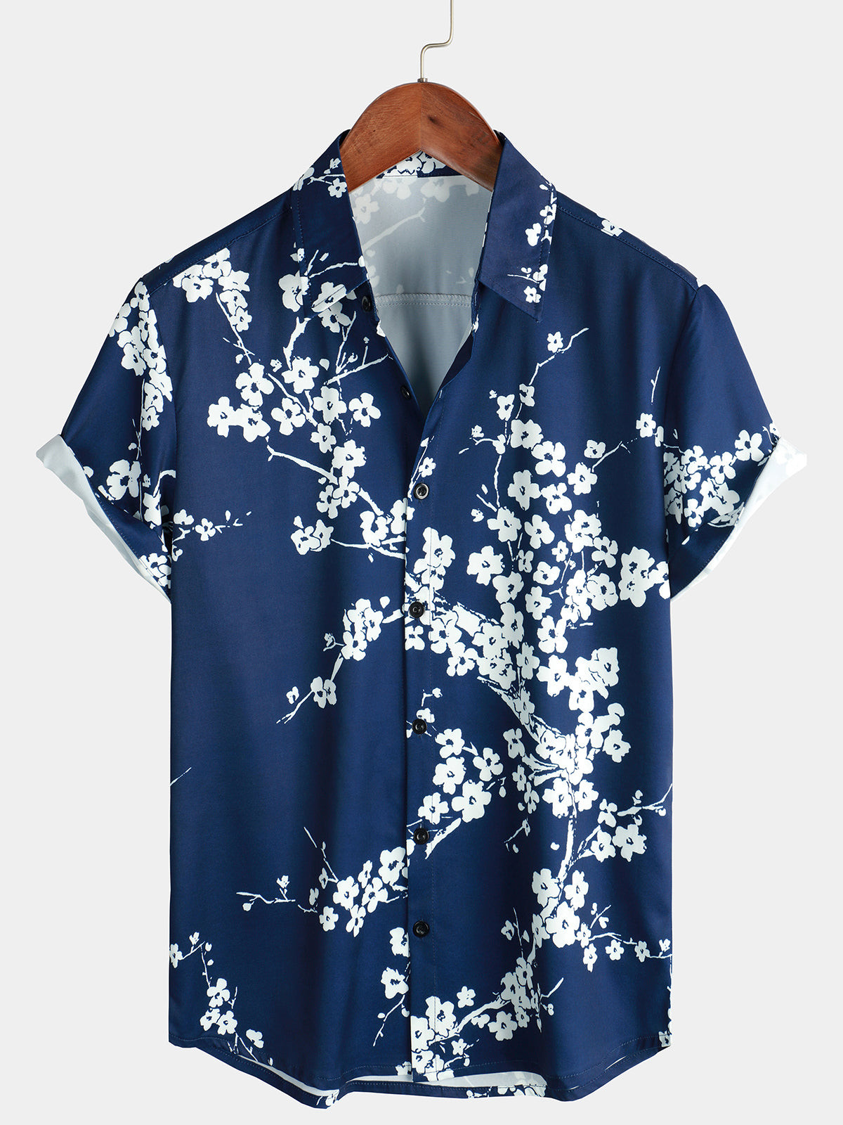 Mens Floral Print Vintage Navy Blue Casual Short Sleeve Lapel Shirt Hawaiian Shirt for Men Women