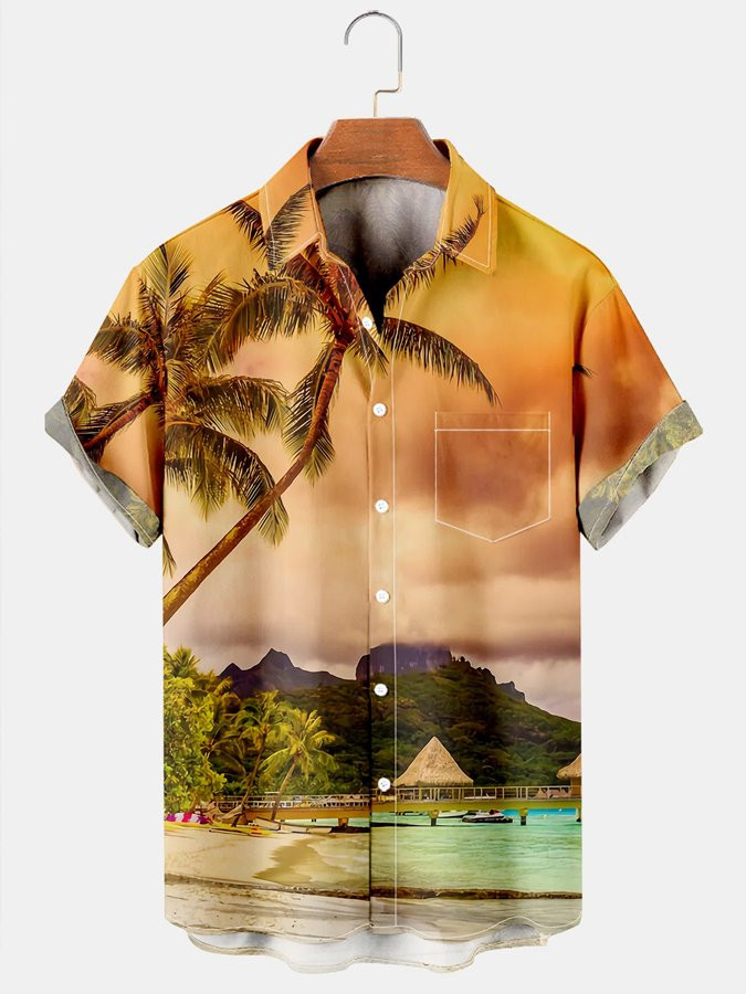 Mens Hawaiian Shirt Casual Coconut Tree Print Short Sleeve Shirt for Couples