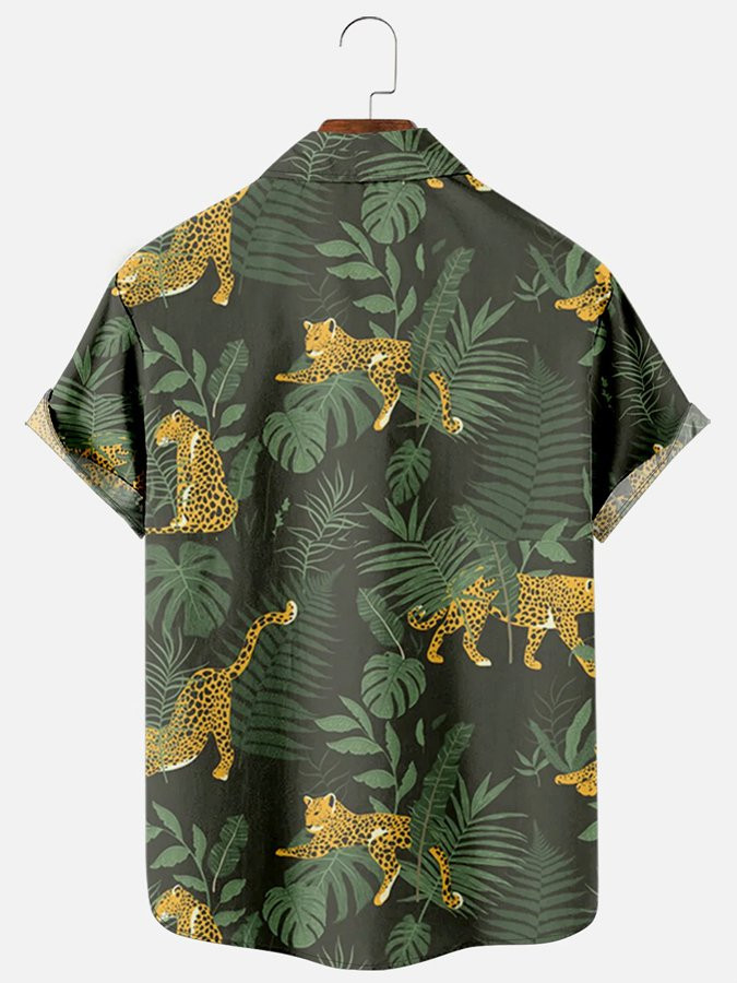 Mens Hawaiian Shirt Tropical Plant Leopard Print Short Sleeve Cotton Blend Short Sleeve