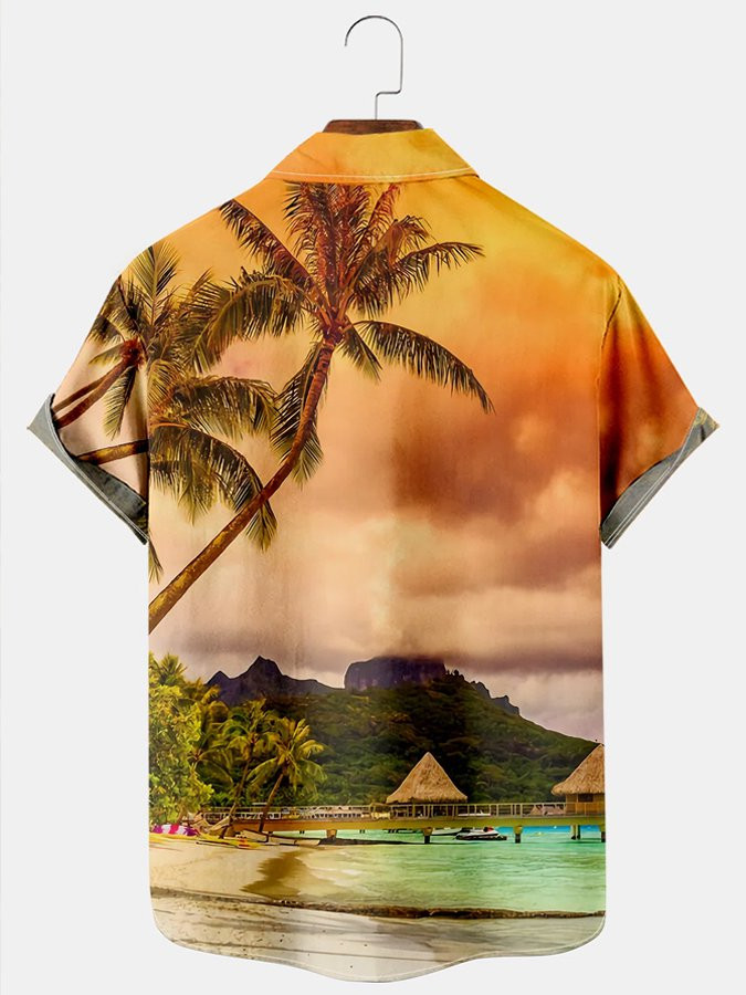 Mens Hawaiian Shirt Casual Coconut Tree Print Short Sleeve Shirt for Couples