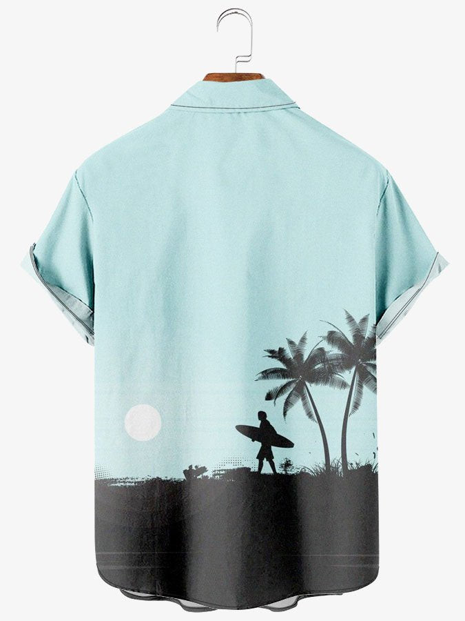 Mens Simple Coconut Surfing Blue Short Sleeve Cotton Blend Hawaiian Shirt