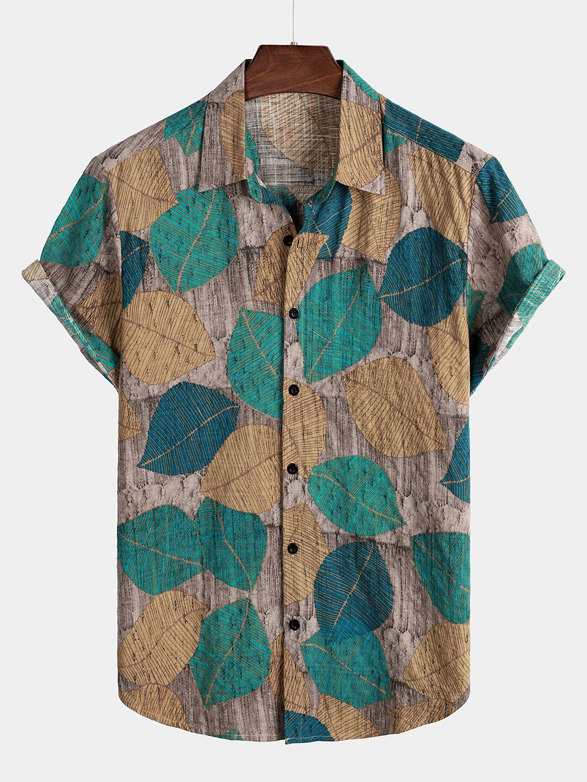 Mens Retro Leaf Print Short Sleeve Cotton Shirt Hawaiian Shirt for Men Women