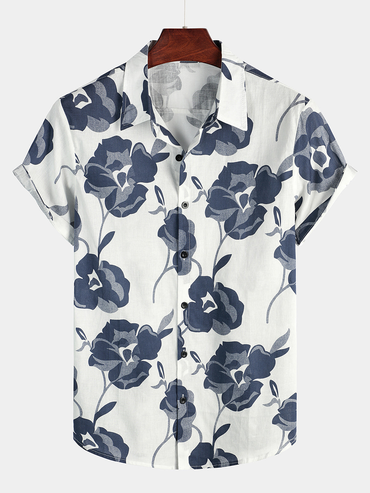 Mens Print Hawaiian Button White Short Sleeve Shirt