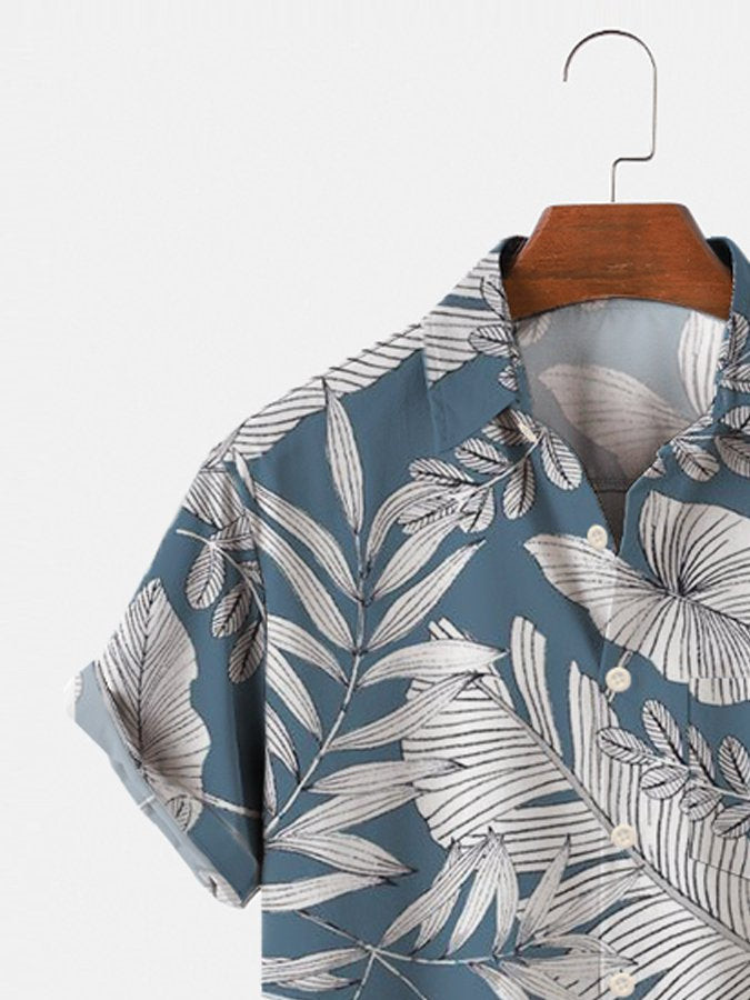 Blue Printed Holiday Mens Hawaiian Shirt Casual Short Sleeve Aloha Palm Tree Beach Shirts