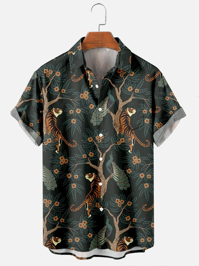 Mens Hawaiian Shirt Tropical Plant Tiger Print Short Sleeve Cotton Blend Short Sleeve