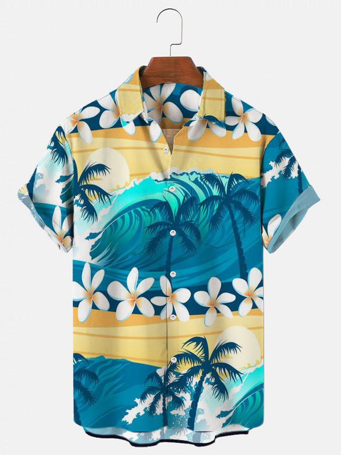 Mens Hawaiian Shirt Casual  Aloha Blue Plant Cotton-Blend Shirts