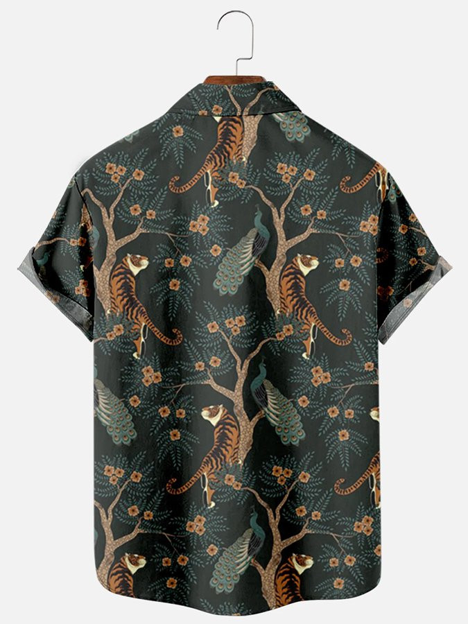 Mens Hawaiian Shirt Tropical Plant Tiger Print Short Sleeve Cotton Blend Short Sleeve