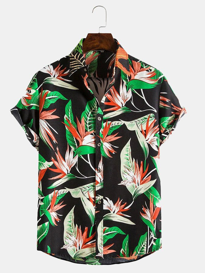 Mens Vintage Tropical Floral Strelitzia Print Hawaiian Shirt