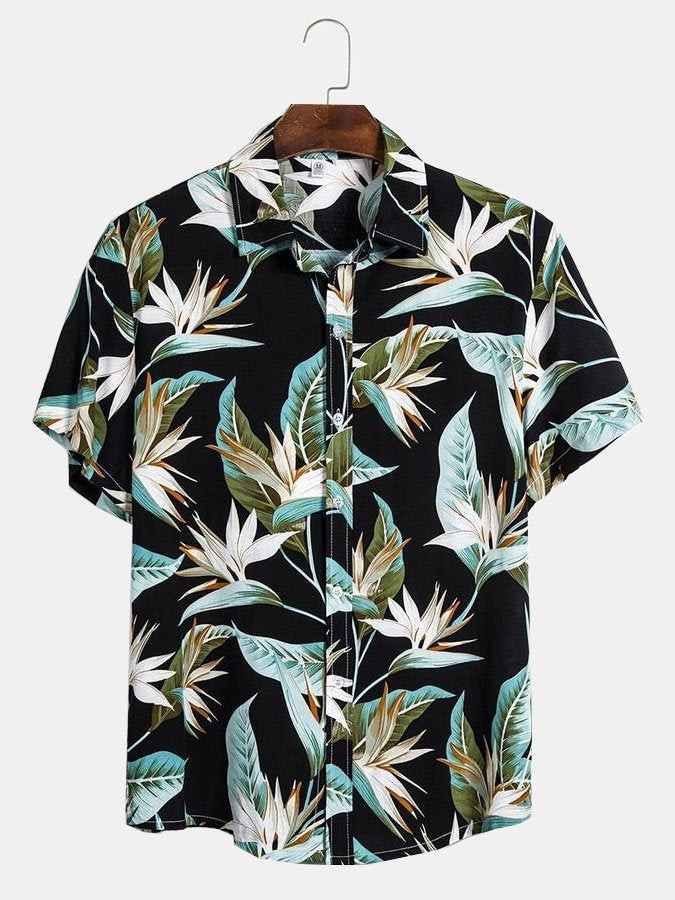 Mens Vintage Tropical Floral Strelitzia Print Hawaiian Shirt