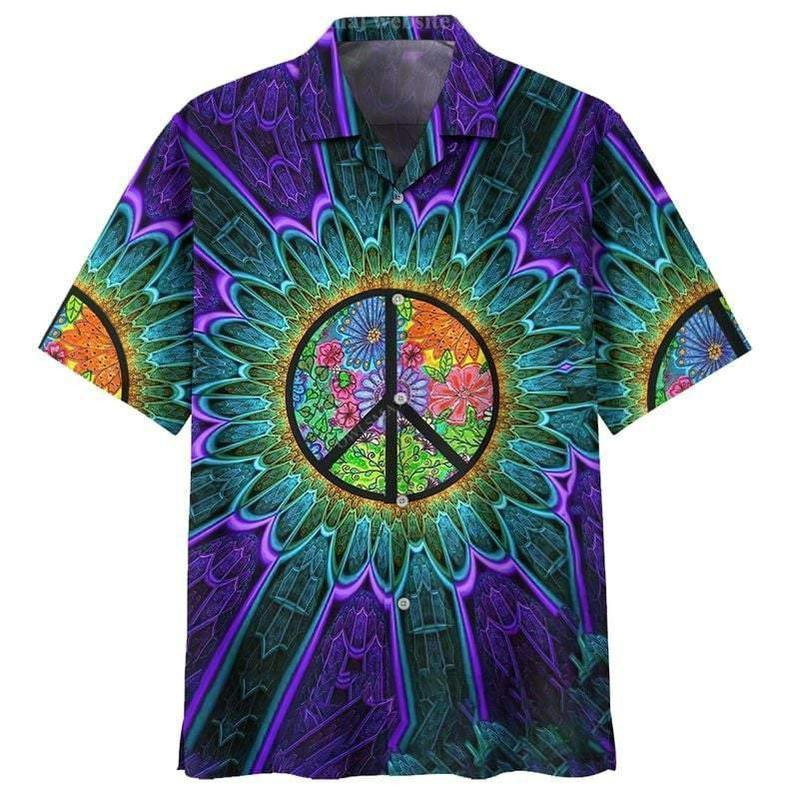 Mens PeaceLove Print Casual Breathable Short Sleeve Hawaiian Shirts