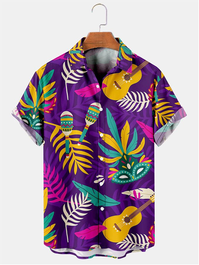 Mens Carnival Mask Print Casual Breathable Short Sleeve Hawaiian Shirt