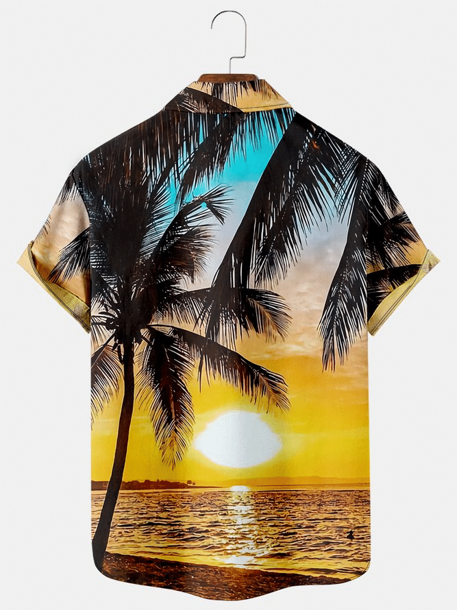 Mens Hawaiian Shirt Beach Landscape Coconut Tree Print Cotton Blend Short Sleeve Shirt