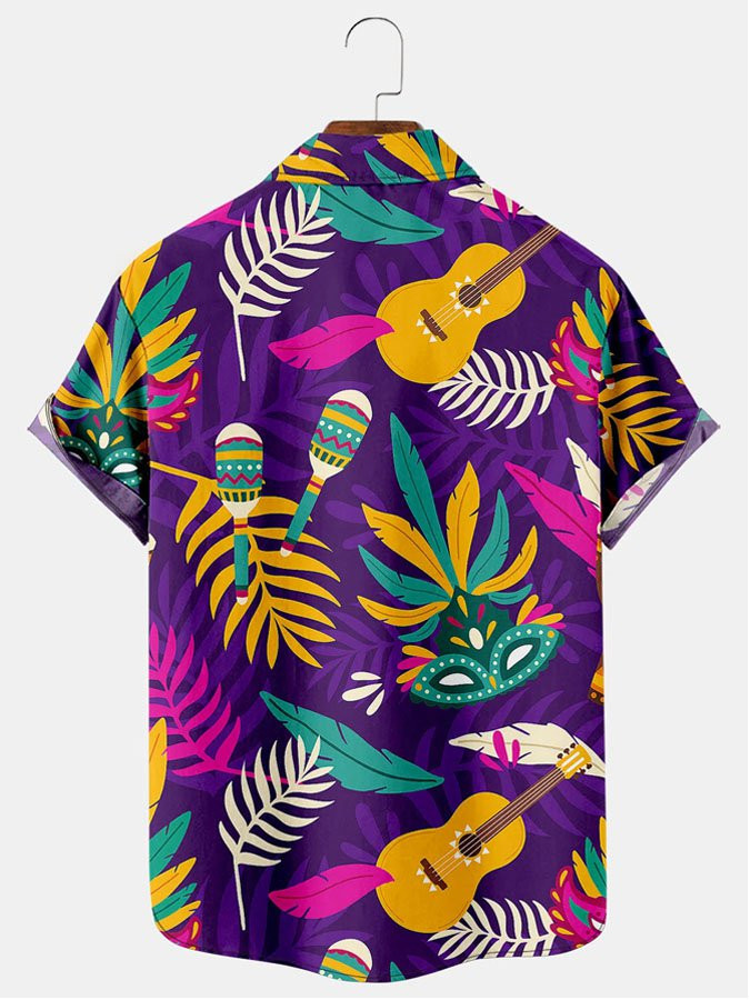 Mens Carnival Mask Print Casual Breathable Short Sleeve Hawaiian Shirt