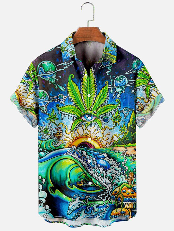 Blue Cotton-Blend Urban Series Shirts  Tops Hawaiian Shirt for Men Women