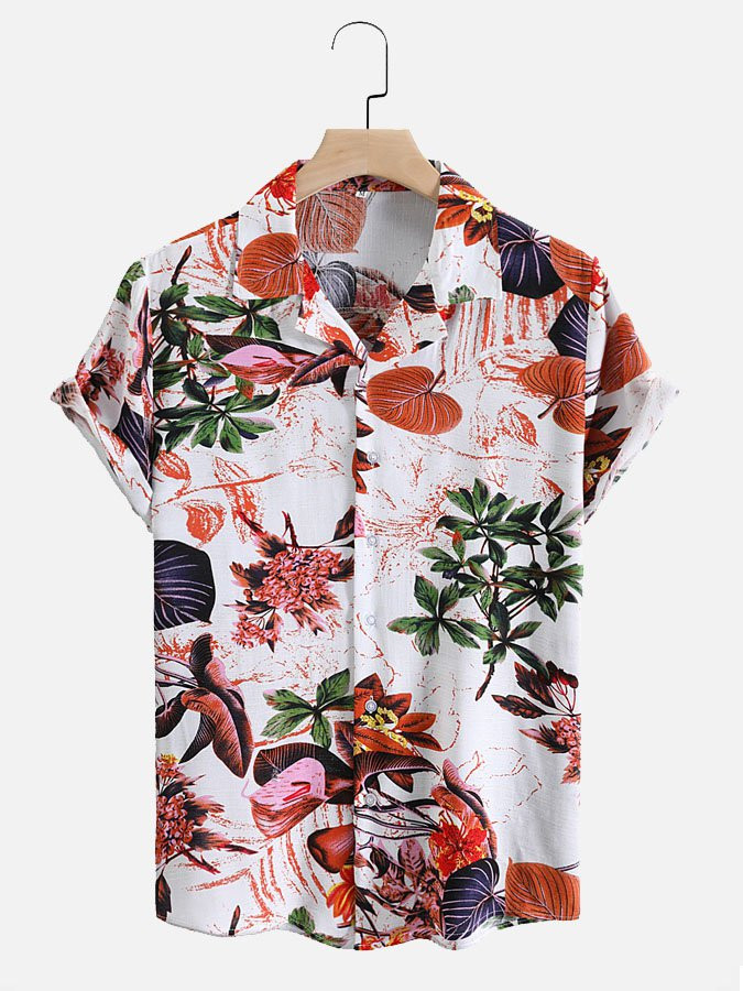 Mens Casual Vintage Tropical Floral Print Lapel Casual Short Sleeve Hawaiian Shirt